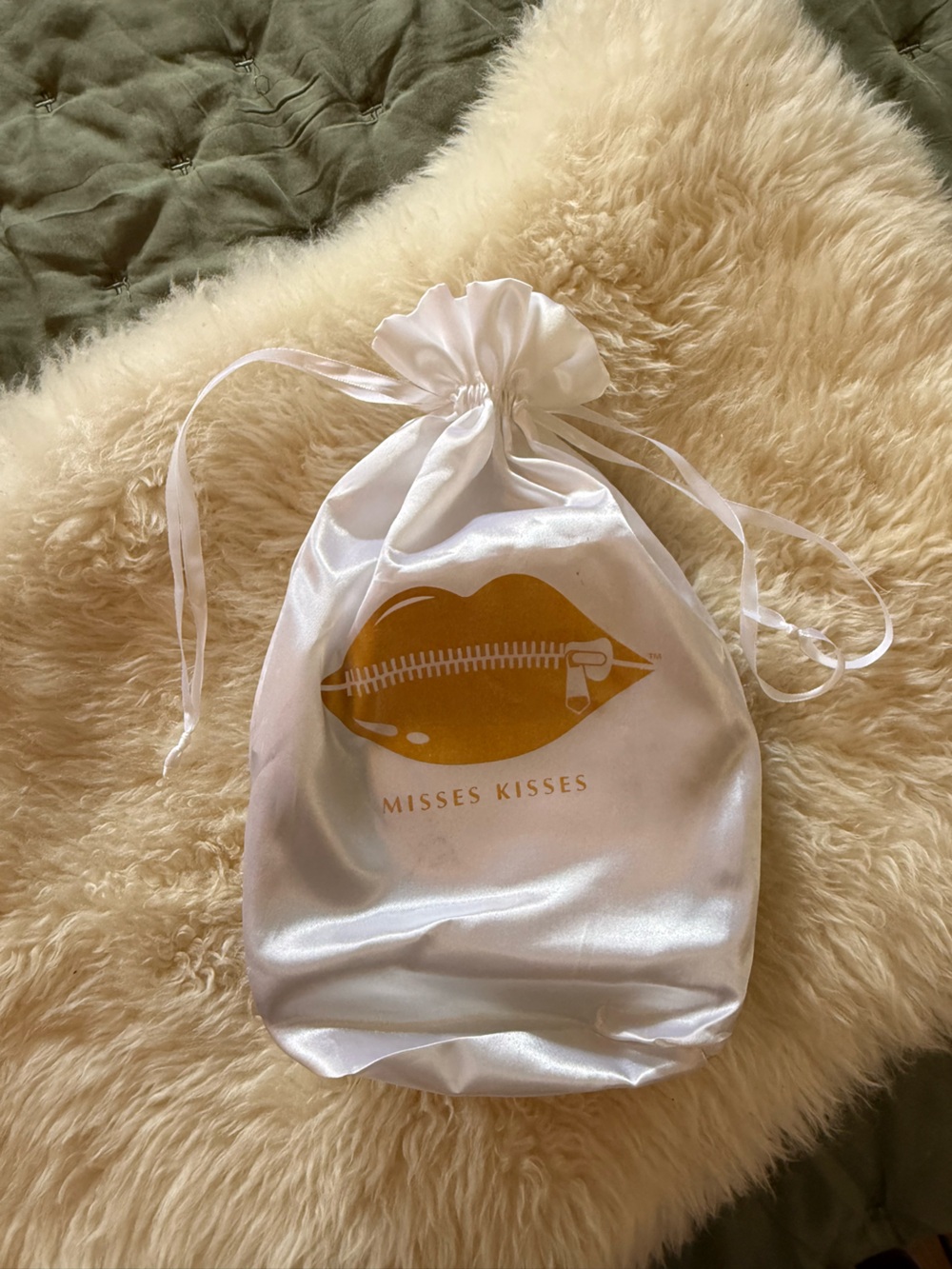 White Satin Drawstring Bag with Gold Lip Print
